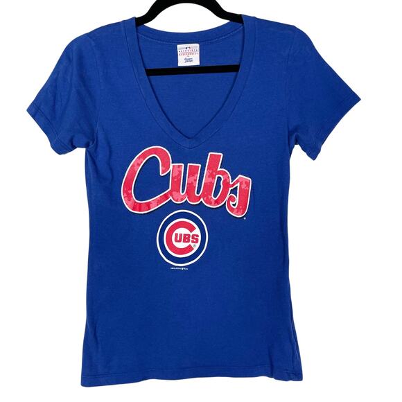 MLB Genuine Merchandise Womens Small S Blue Chicago Cubs VNeck Short Sleeve Tee - Picture 1 of 7
